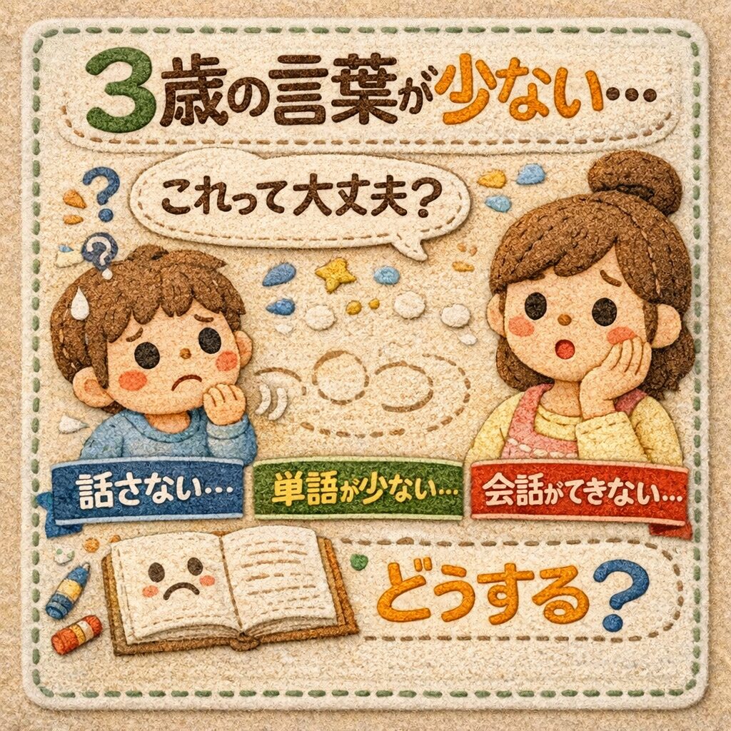 3歳の言葉が少ないときの悩みを解説するイラスト